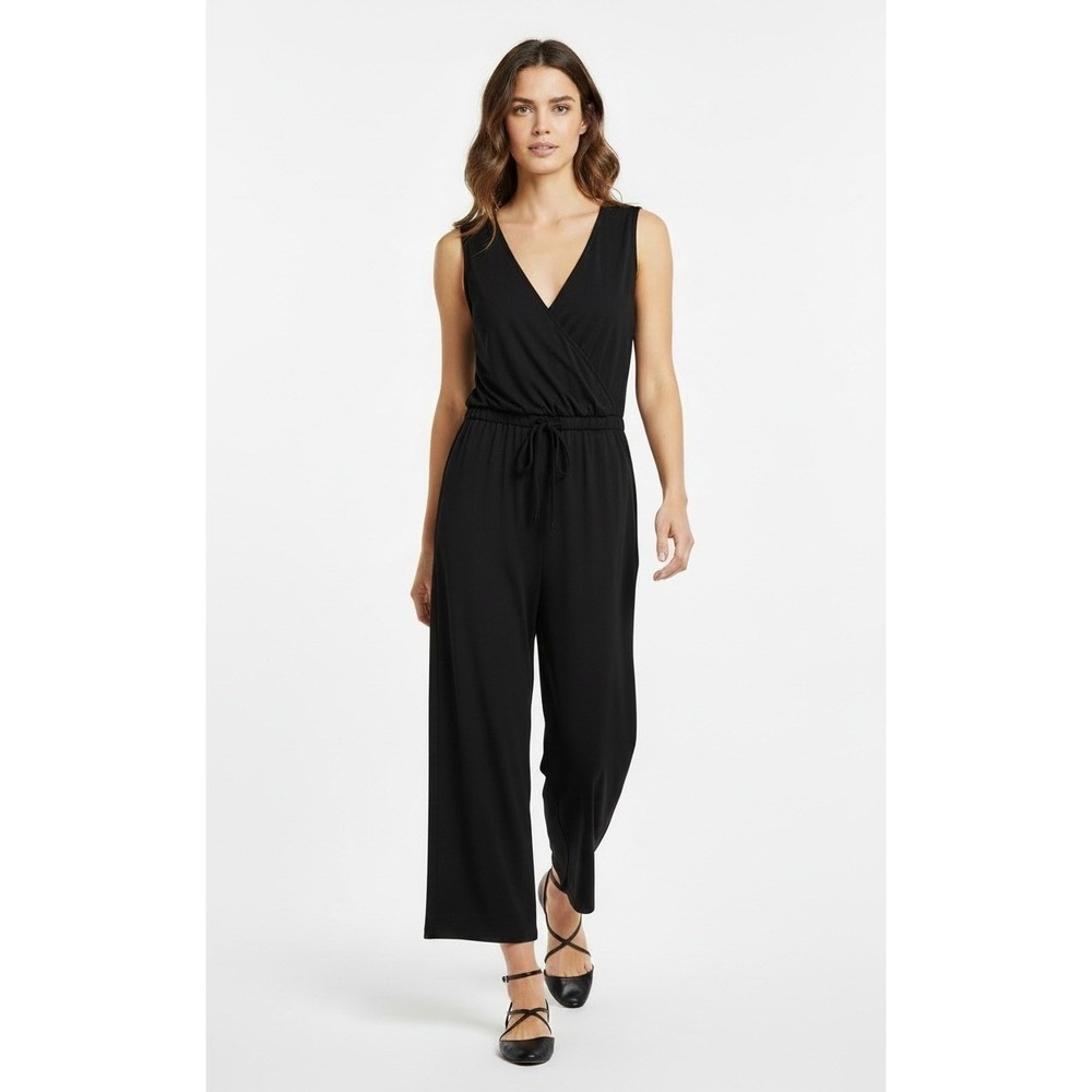 Eileen Fisher Jumpsuit Women S Black NEW Wide Leg Wrap V-Neck Sleeveless Pocket
